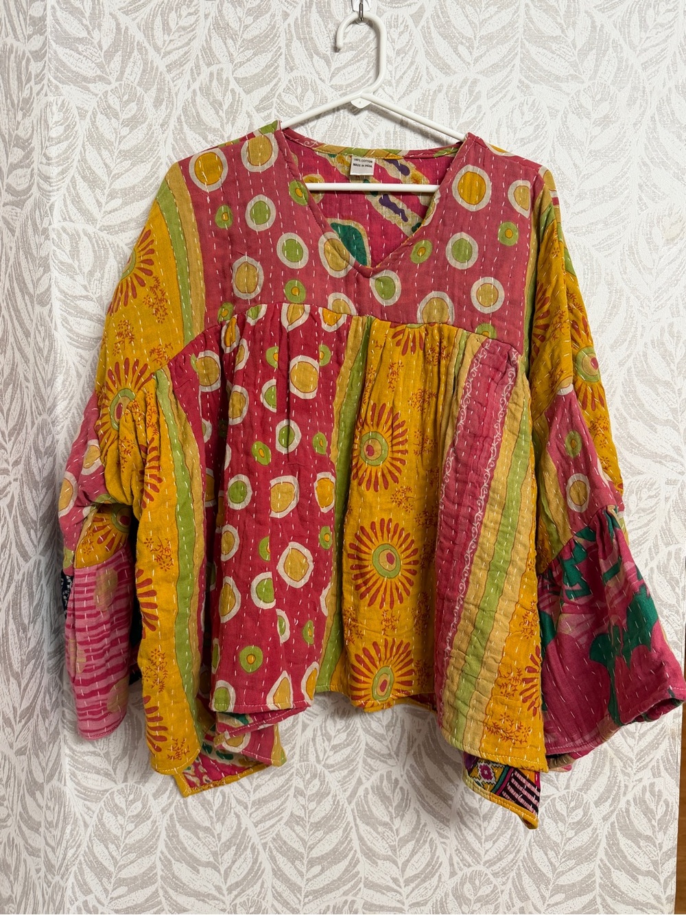 Kantha Fabric Peasant Bell Sleeve Top